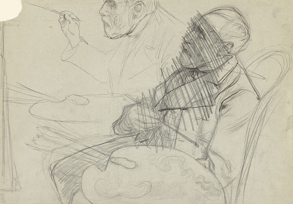 Schetsblad met twee studies van Jozef Israëls aan het werk 1874   1925