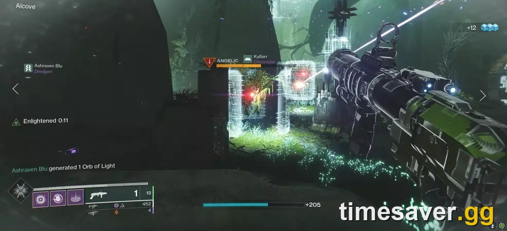 The tether mechanic in Garden of Salvation — an Angelic enemy, white shields, and the Enlightened buff active