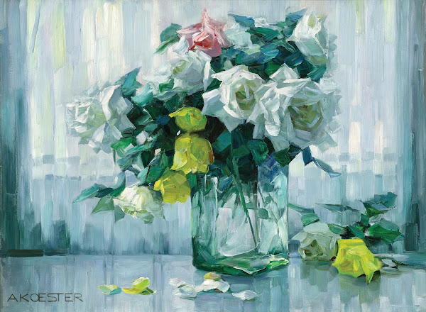 Still Life with White and Yellow Roses in a Glass Vase