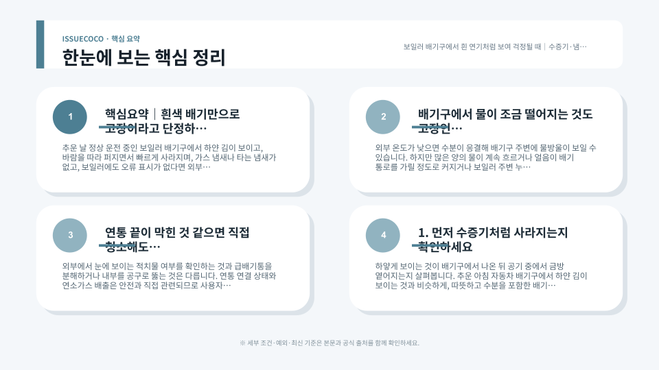 보일러 배기구의 흰 수증기와 비정상 배기 징후를 구분해 확인하는 장면