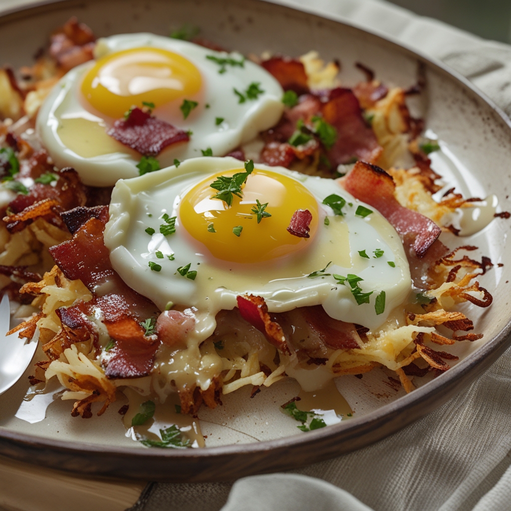 Egg Topped Hash Browns with Bacon Gravy Delight – Hearty Breakfast Idea for a Cozy Start finished