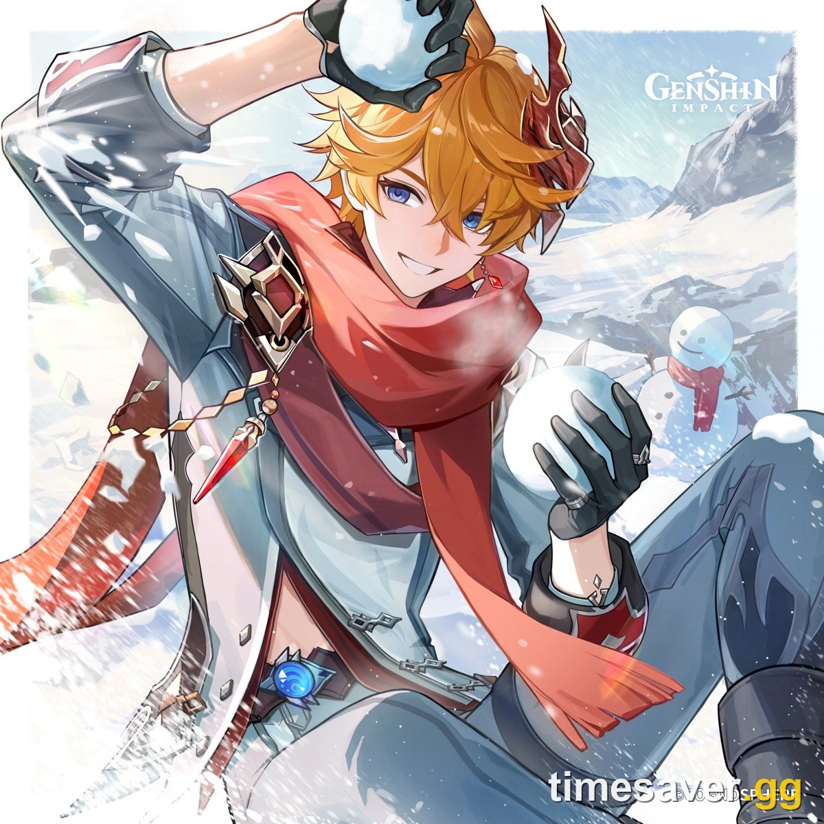 Official 2024 Tartaglia birthday artwork showing Childe holding snowballs in the snow