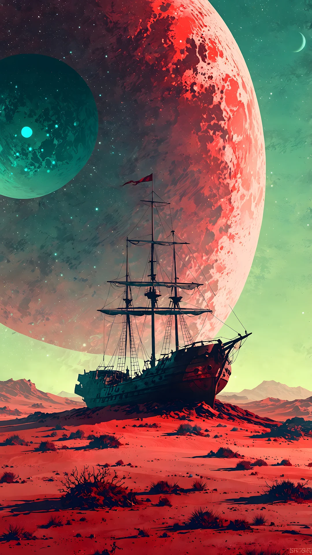 Lost Pirate Ship on Red Desert Planet Dual Celestial Bodies - Free 4K mobile Wallpaper