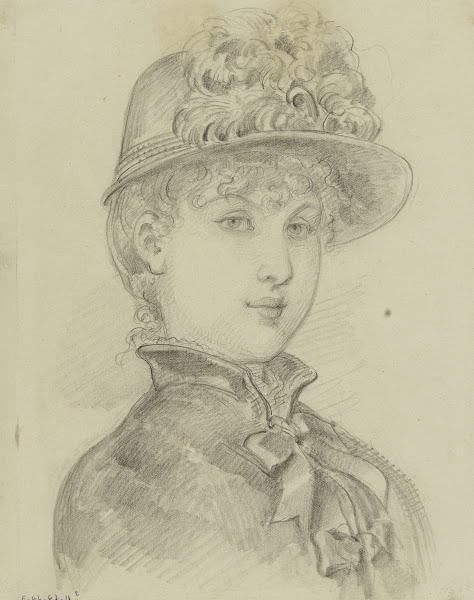 Portrait de femme de trois quarts avec petit chapeau de plumes et veste à col ha