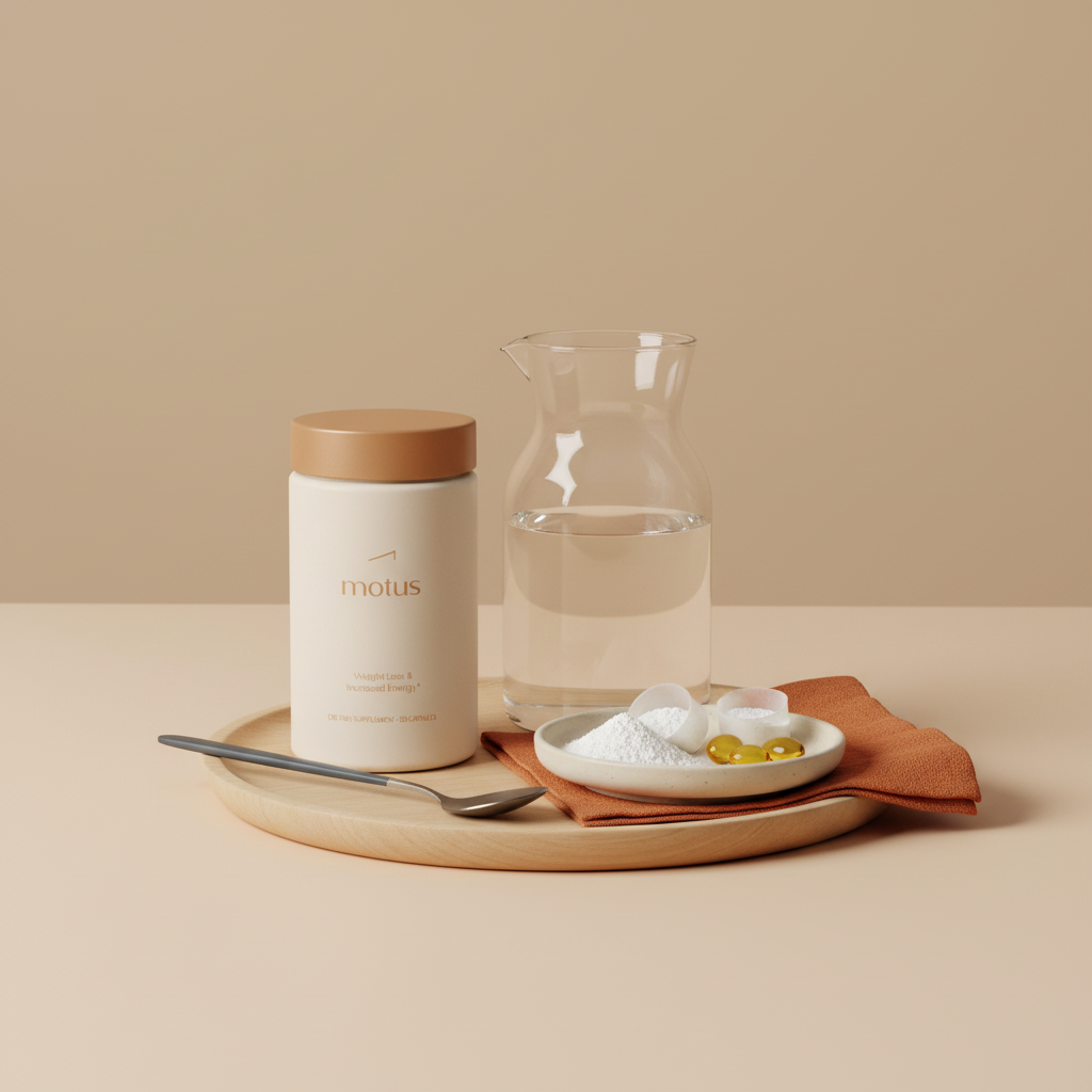 Minimalist product shot of Tonum supplement jar on wooden tray with collagen scoops and fish oil capsules, styled for daily joint care — best supplement for joint lubrication