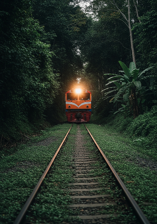 Train Approaching Through Jungle Tunnel