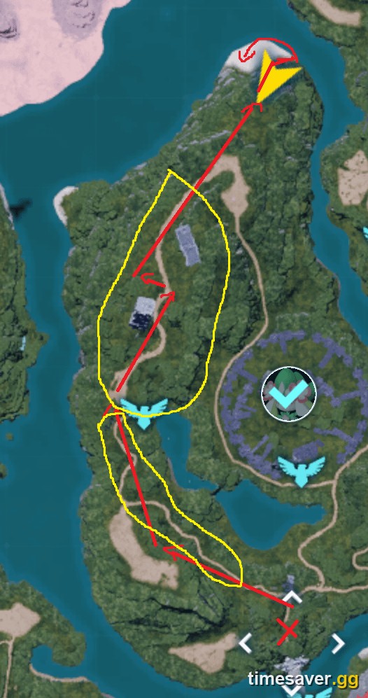 Annotated Palworld map showing a Mimog farming route across a region