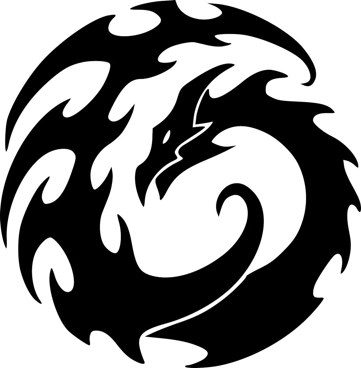 A black silhouette of a modern tribal dragon coiled into a circle on a white background, perfect for a free SVG cut file.