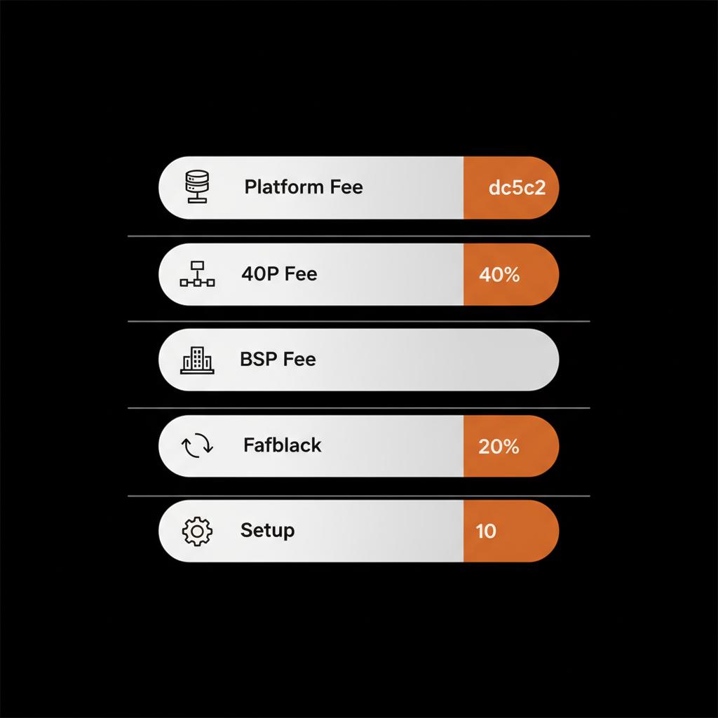 Minimal 2D vector infographic with stacked bars and icons showing a compact cost breakdown for WhatsApp OTP cost: platform fee, BSP fee, fallback, and setup, on black background.