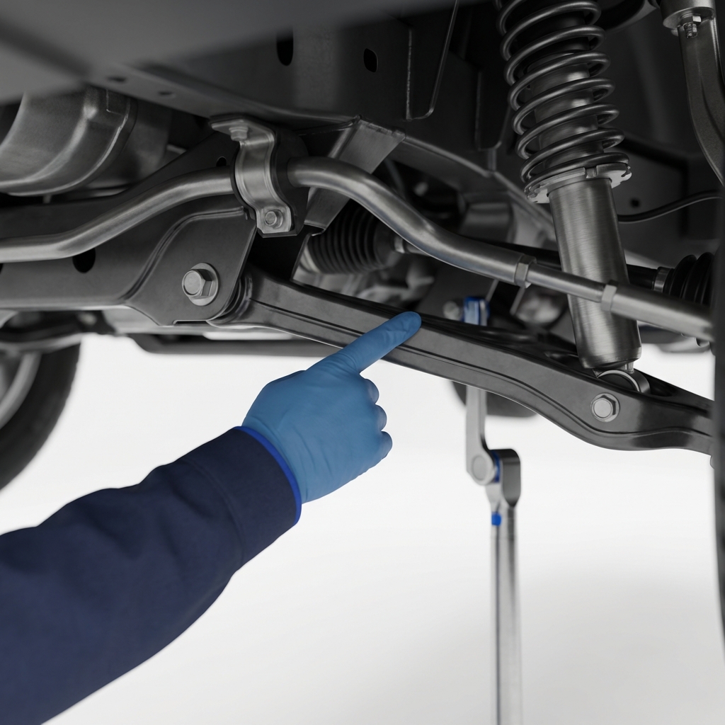 Close up of chevy tahoe for sale underbody and suspension during a mechanic inspection showing clean control arm and technician pointing with blue gloved hand minimal white background