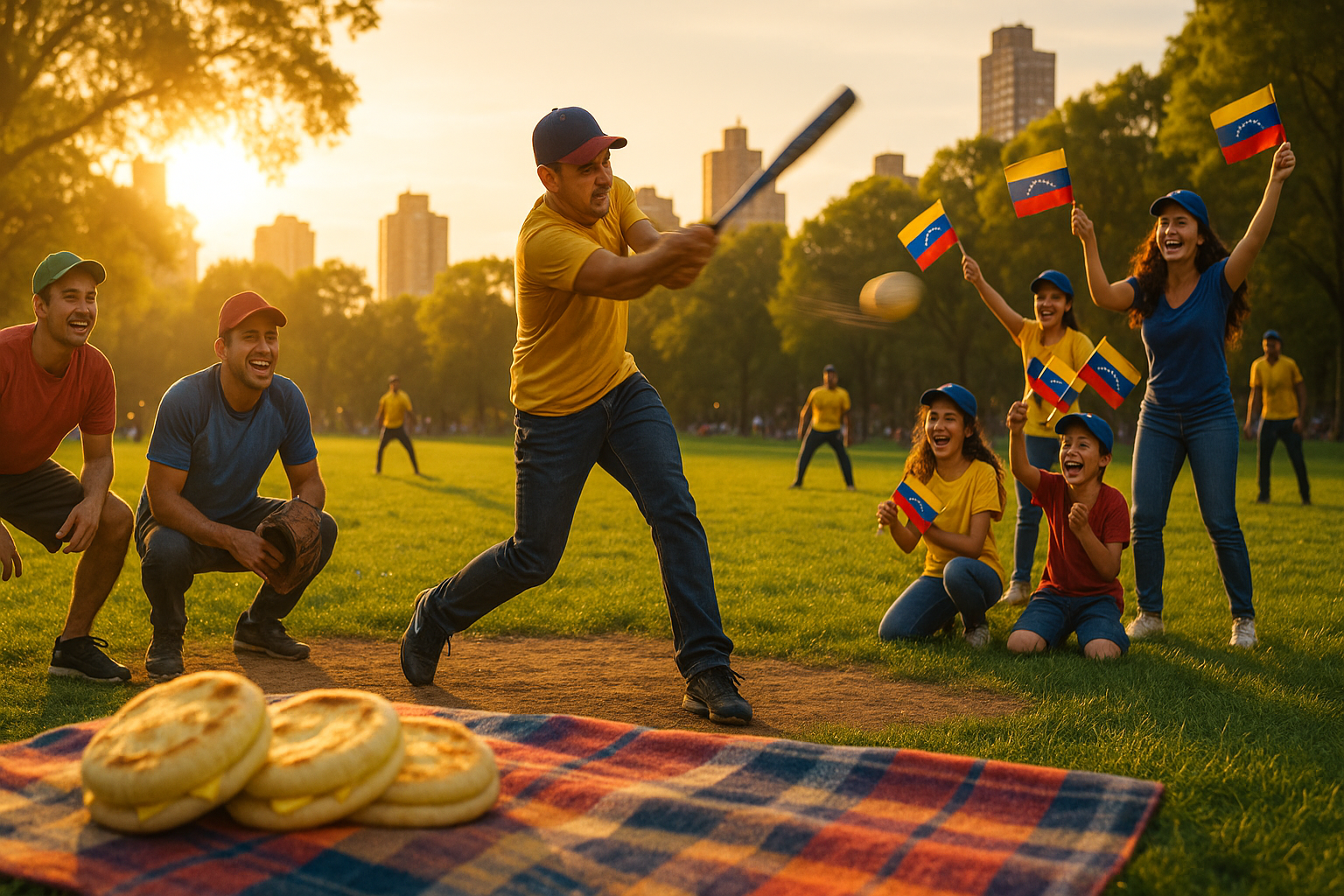 Venezolanos jugando softball en un parque urbano con familias a los lados
