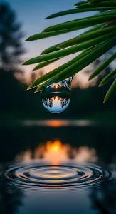 Sunset Forest Reflection Water Droplet Pine Needle Macro