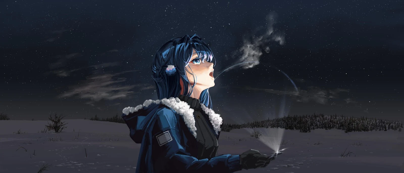 Anime Girl Under Starry Winter Sky - Digital Art 5K Wallpaper (8400x3600)