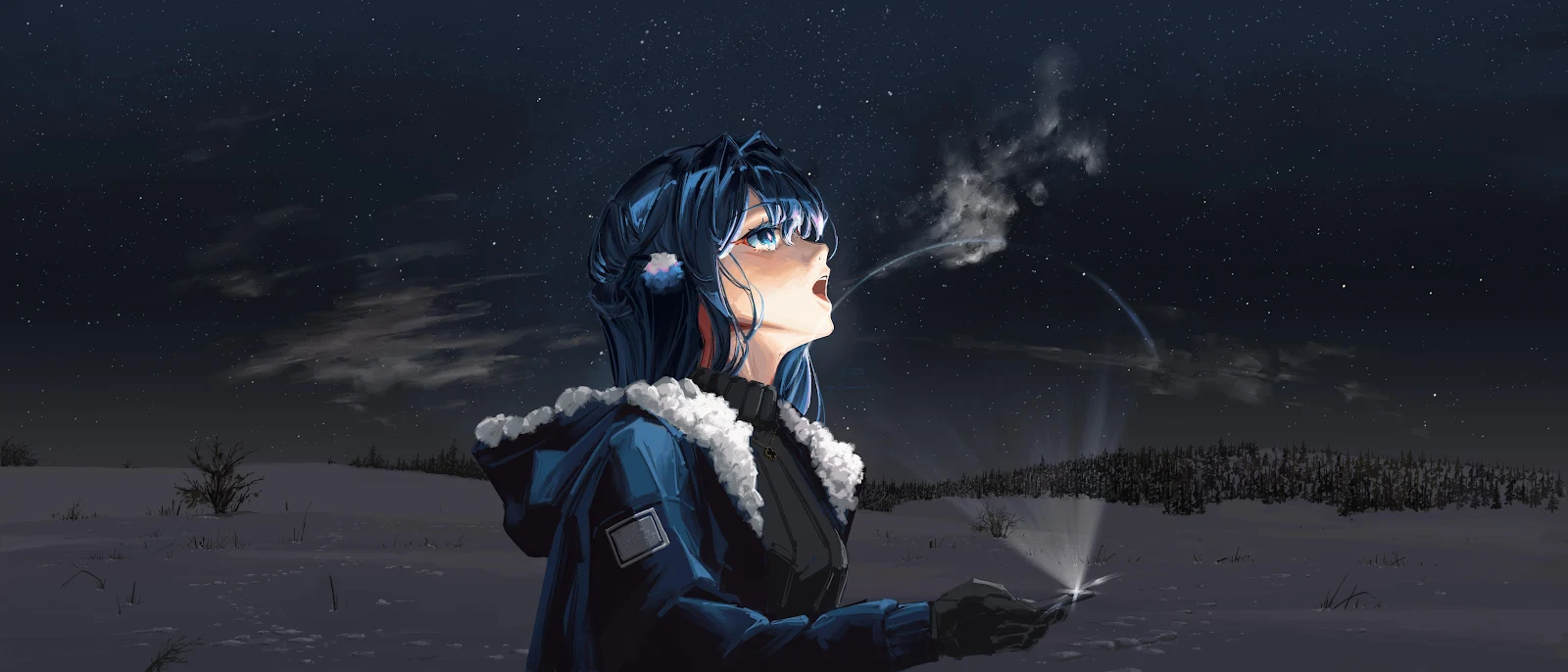 Anime Girl Under Starry Winter Sky 5K Desktop Wallpaper