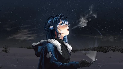 Anime Girl Under Starry Winter Sky 5K Desktop & Mobile Wallpaper Background