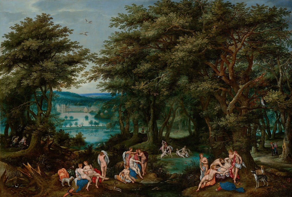 A forest landscape with Diana discovering the pregnancy of Callisto with a view