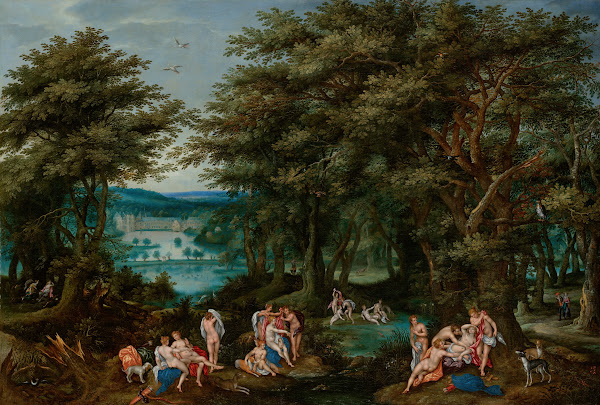 A forest landscape with Diana discovering the pregnancy of Callisto with a view