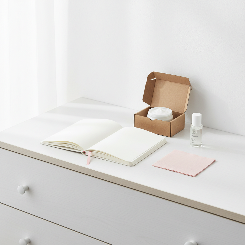 Minimalistische Kommode mit offener Notiz, rückfettender Creme und filigraner Glasflasche Nagelöl – stimmungsvolles Stillleben im NailX-Stil bei Eisenmangel Juckreiz
