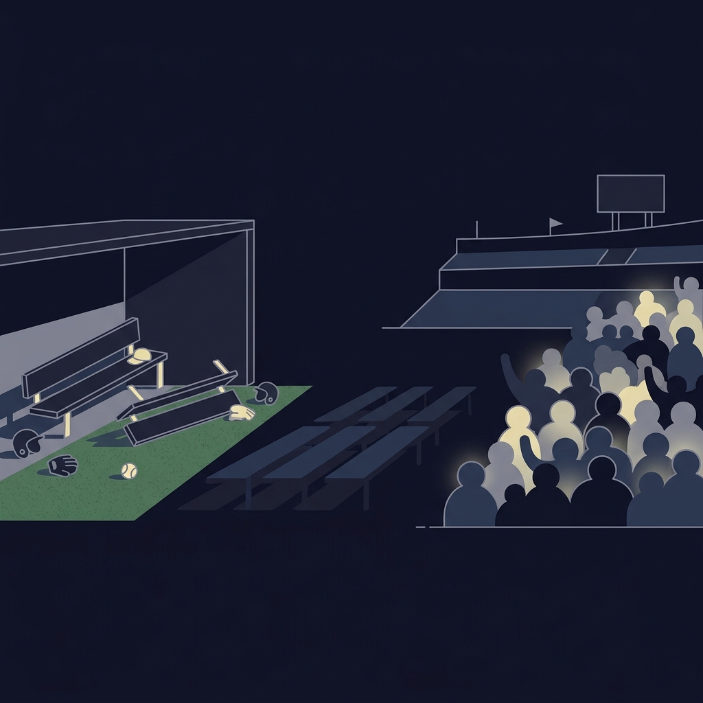 Minimalist 2D vector of an empty dugout with tipped benches scattered helmets and a stylized stadium wave suggesting crowd reaction mariners astros prediction