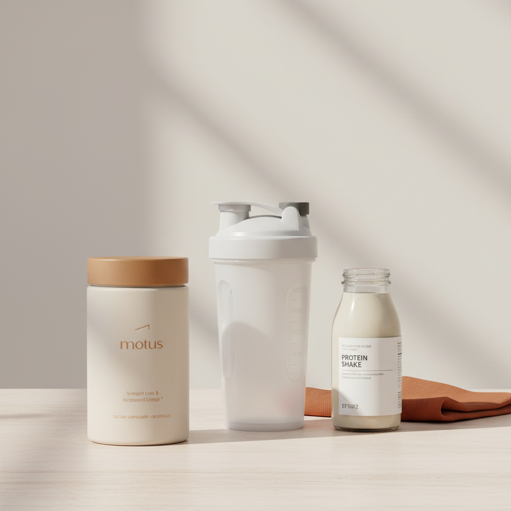 Minimalist morning scene with Tonum supplement jar, shaker and ready-to-drink protein bottle on a pale wooden table, focused on best protein powder after bariatric surgery