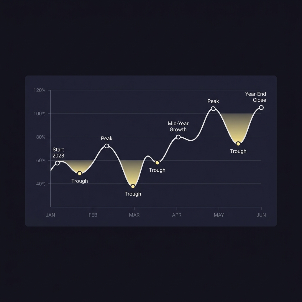 Minimalist cumulative returns line chart with highlighted drawdown valleys and labeled peak and trough points Why Profit Alone Is a Poor Performance Metric