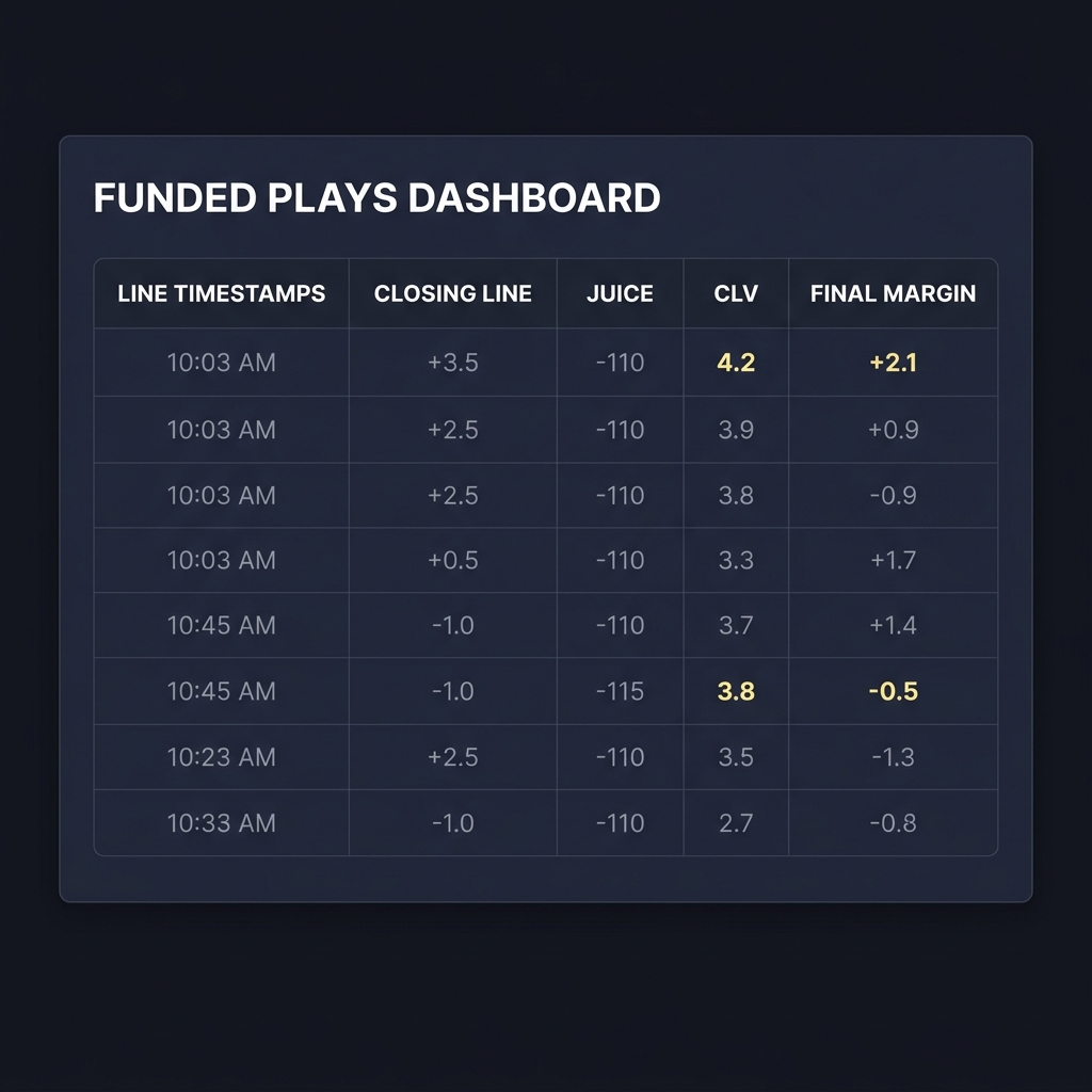 Minimalist spreadsheet dashboard mockup showing line timestamps closing line juice CLV and final margin columns illustrating Why Key Numbers Matter in Line Movement in Funded Plays color scheme