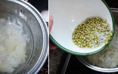 Cho nấm tuyết, 1 lít nước vào nồi, nấu sôi nhỏ lửa. Khi thấy nước sôi, cho tiếp đậu xanh vào, nấu nhừ.