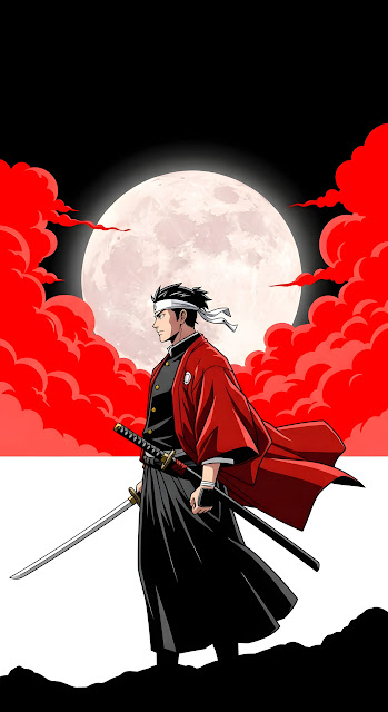 Samurai Warrior Red Clouds Full Moon Katana Sword - Free mobile Wallpaper