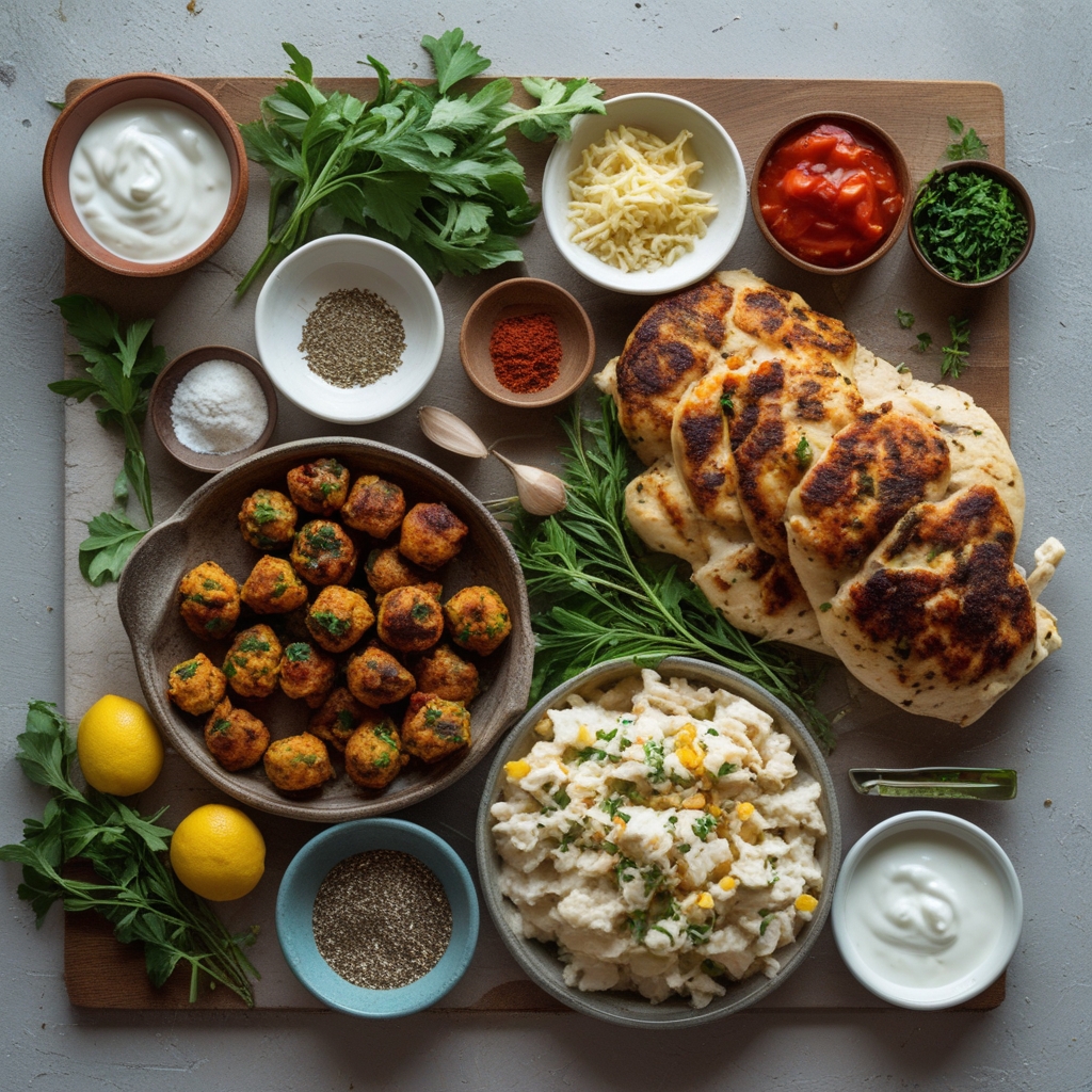 Ingredients for Chicken Kofta with Garlic Yogurt Sauce – Juicy, Spiced & Mediterranean-Inspired Easy Homemade Recipe
