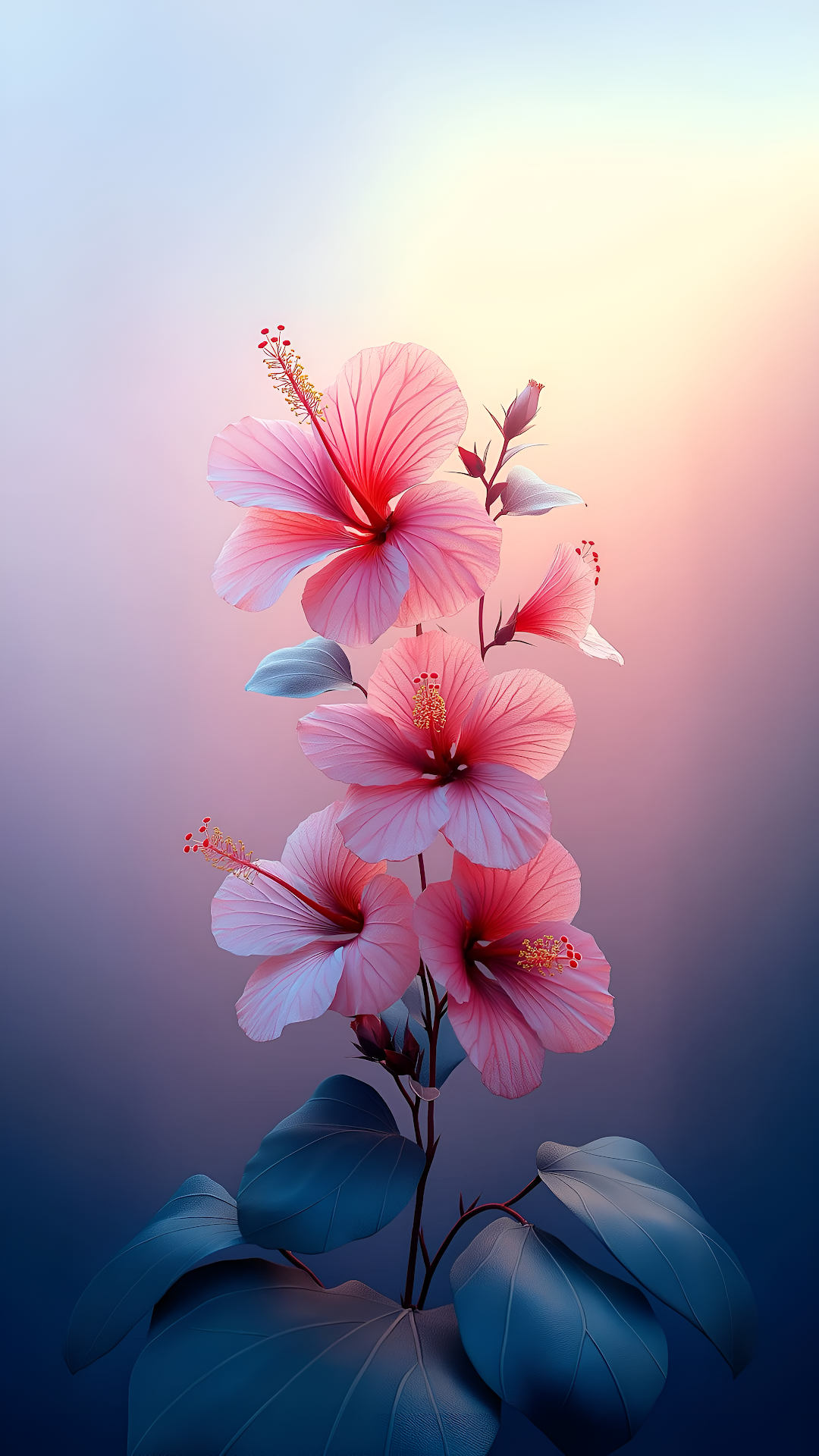Pink Hibiscus Flowers Blooming Against Gradient Sky - Free 4K mobile Wallpaper