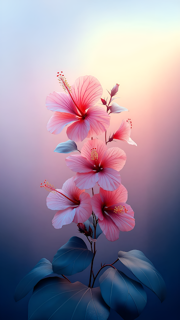 Pink Hibiscus Flowers Blooming Against Gradient Sky - Free mobile Wallpaper