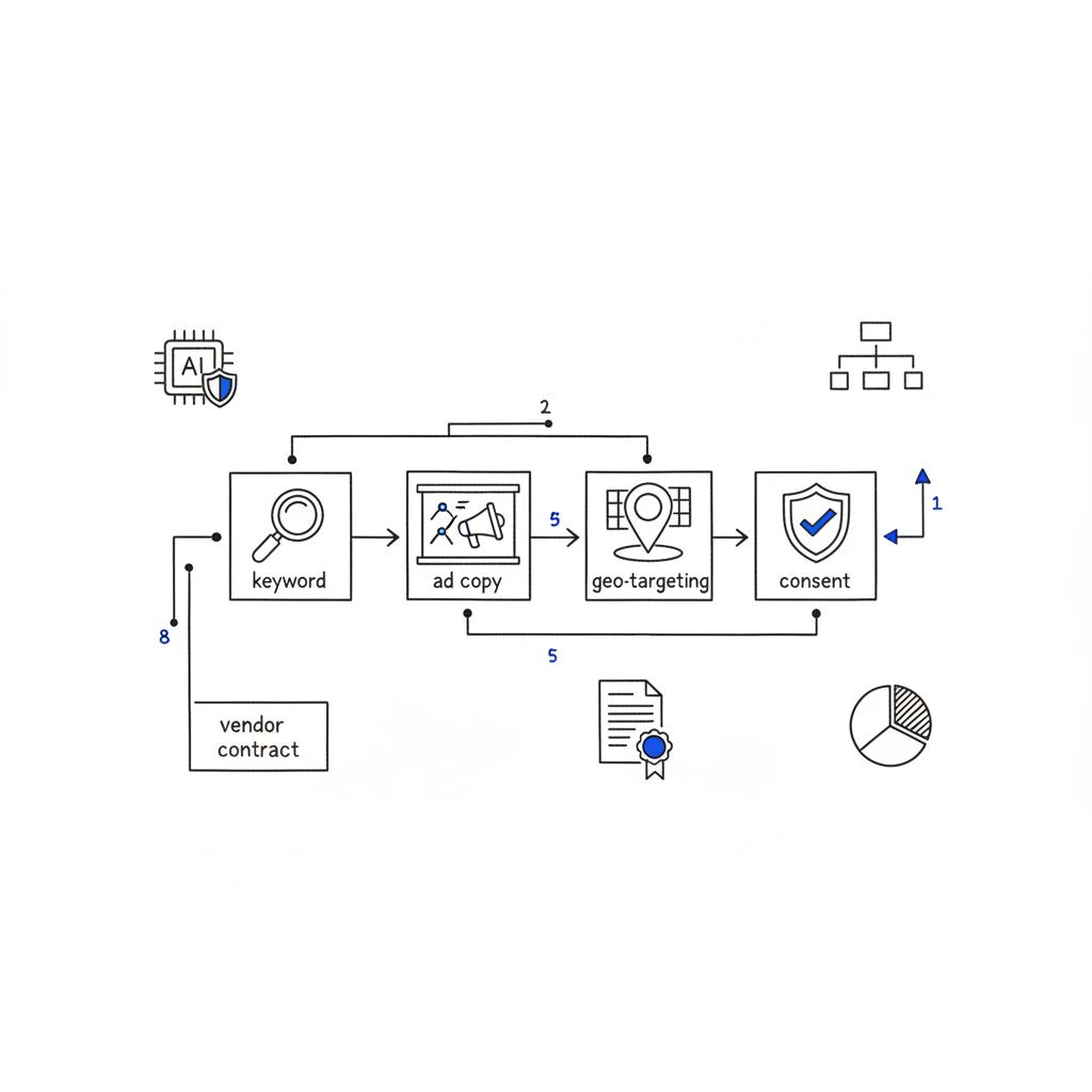 Minimalist vector notebook-style diagram mapping keyword → ad copy → geo-targeting → consent with AI guardrails and vendor contract icons for pay-per-click law.