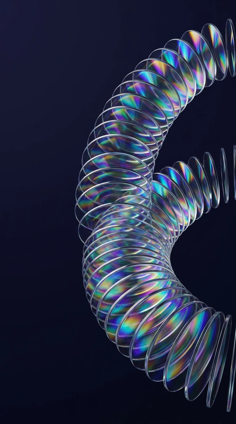 Holographic Spiraling Glass Disks on a Dark Background - Free 4K mobile Wallpaper