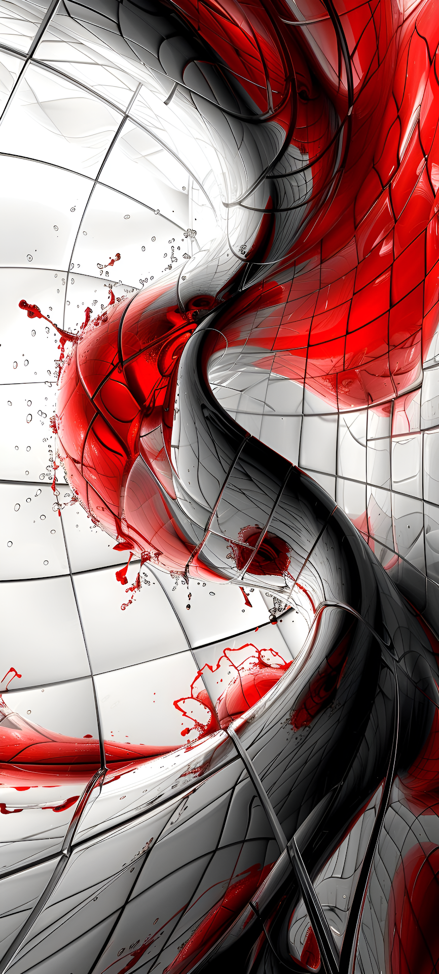 Abstract 3D Swirl of Glossy Black and Splashing Red - Free 4K mobile Wallpaper