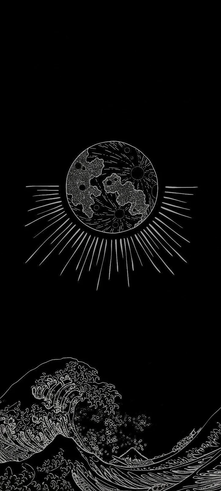 Celestial Moon Over Ocean Wave - Minimalist Line Art 2K iPhone Wallpaper (1472x3264)