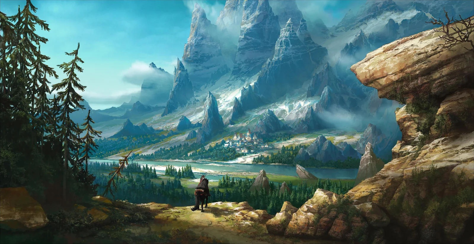 Rider Views Vast Fantasy Mountains - Digital Painting Art 2K Wallpaper (3840x1979)