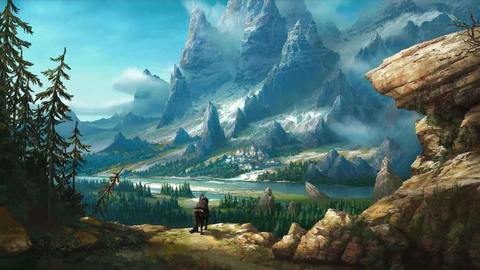 Rider Views Vast Fantasy Mountains 2K Desktop Wallpaper