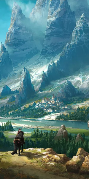 Rider Views Vast Fantasy Mountains 2K Wallpaper Background