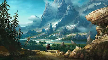 Rider Views Vast Fantasy Mountains 2K Desktop & Mobile Wallpaper Background