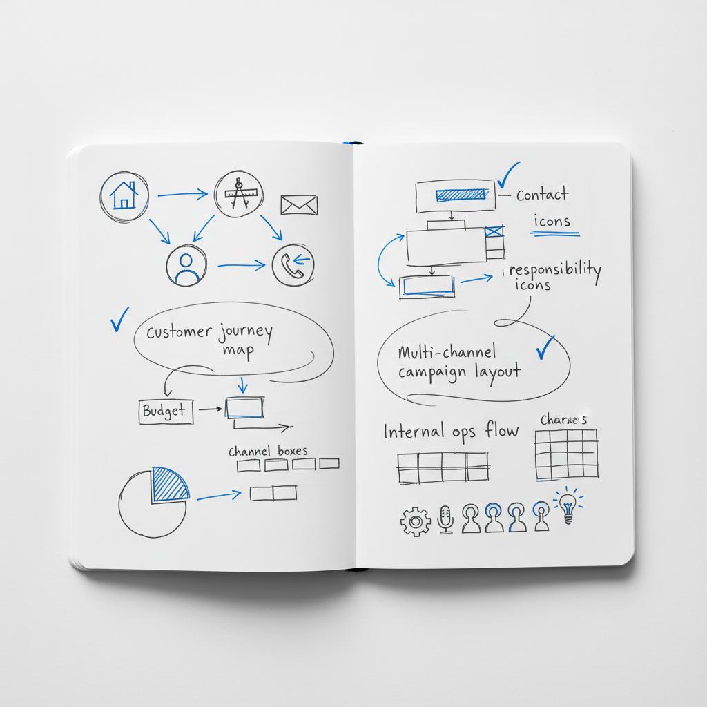 Overhead sketchbook flat-lay showing a minimalist campaign funnel for home services with icon-based flow and blue highlights &mdash; How much to advertise on Houzz?
