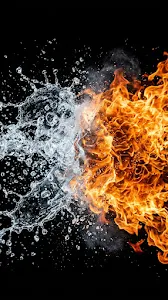 Dramatic Fire and Water Clash Splash on Pitch Black Wallpaper