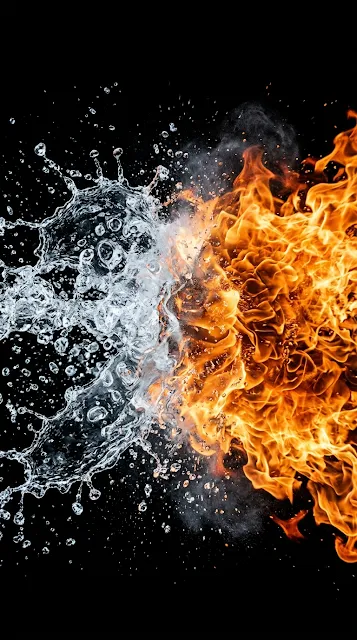 Dramatic Fire and Water Clash Splash on Pitch Black Wallpaper