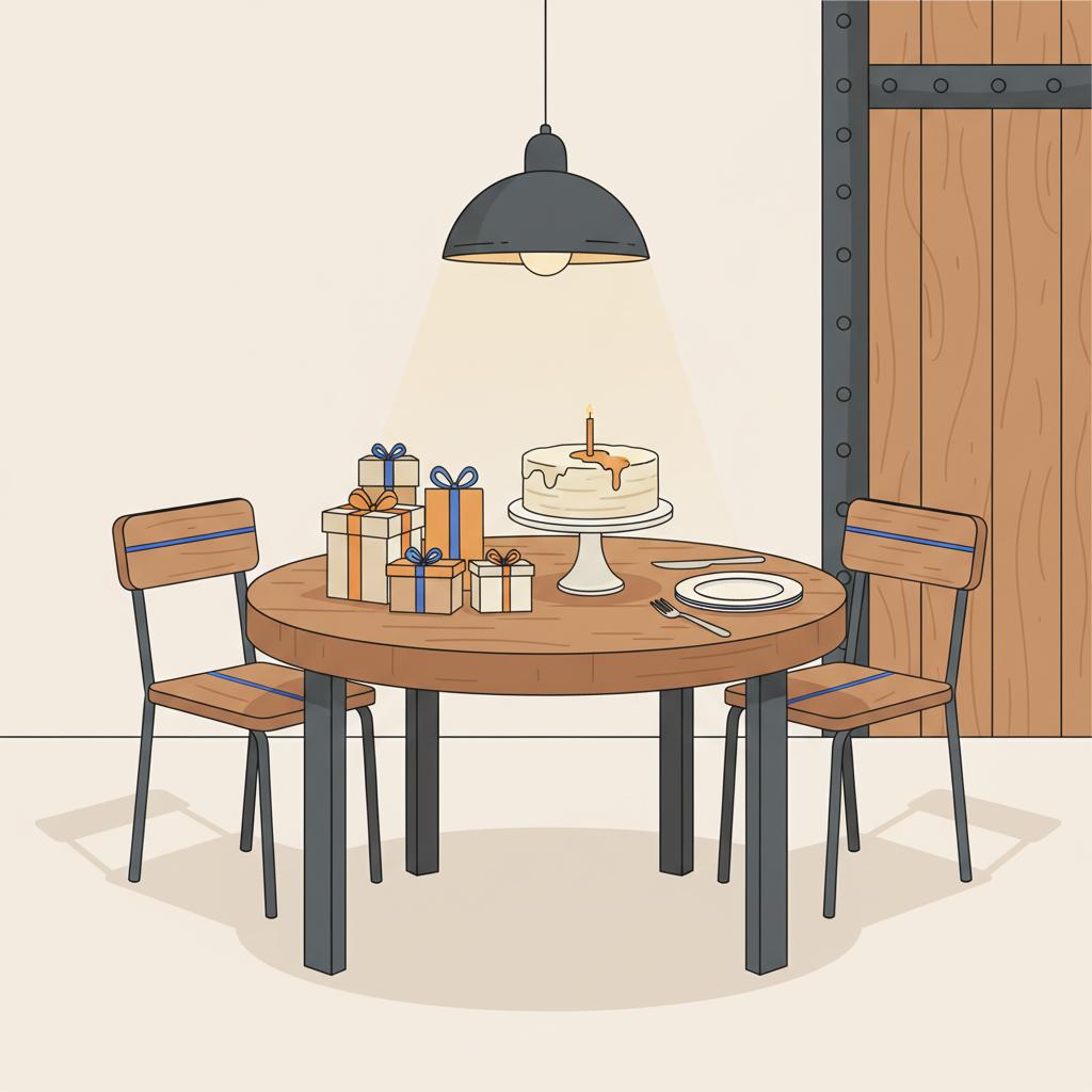 Wohnküche mit Holz- und Metalldetails, Tisch mit Geschenken und Kuchenplatte in warmem Licht – Szene für Was schenkt man der Tochter zum 30. Geburtstag?