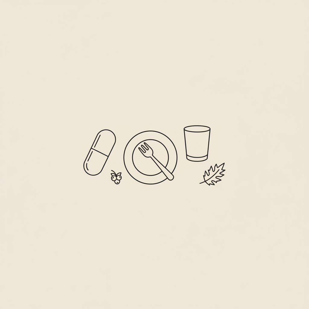 Minimalist Tonum-style line illustration of a capsule, plate with fork, water glass, berry and milk thistle leaf on beige background to support lose 20 pounds asap