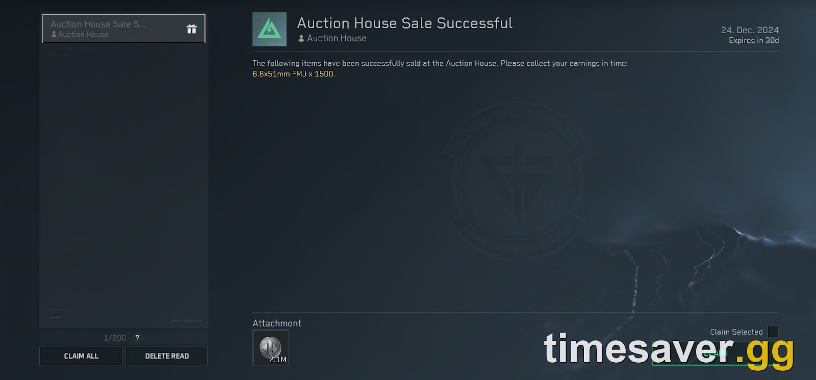 Delta Force Auction House sale confirmation showing Tekniq Alloy earnings ready to collect