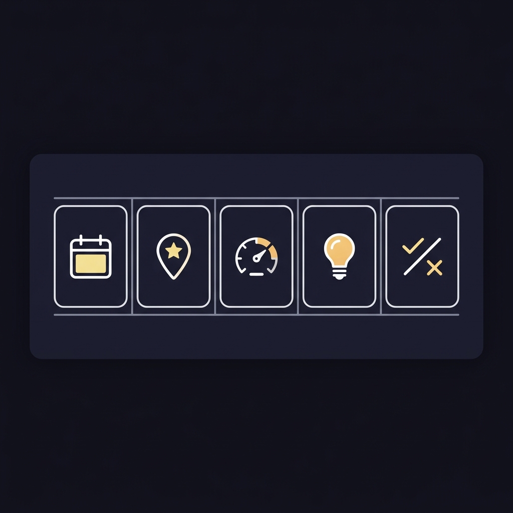 Minimalist 2D vector decision log table with five icon tiles for date event probability rationale outcome on dark Funded Plays background Building a Challenge Plan Before Your First Trade