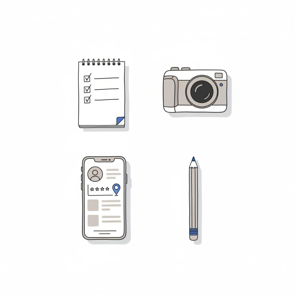 Minimal 2D vector flat-lay of a notepad checklist, compact camera, smartphone with business listing mockup, and pencil on white background symbolizing online presence.