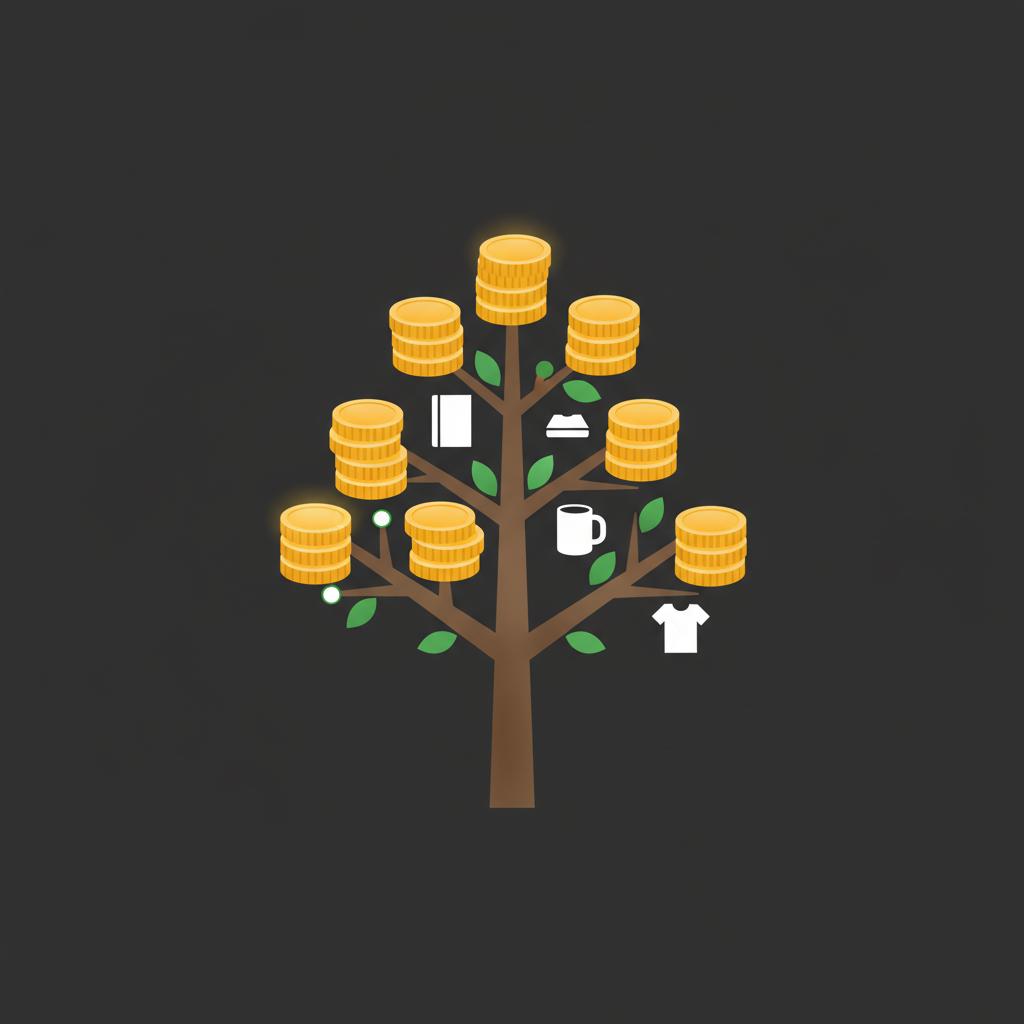 Vector illustration of a coin tree with small product icons representing side income opportunities minimalist on dark background best side hustles for beginners