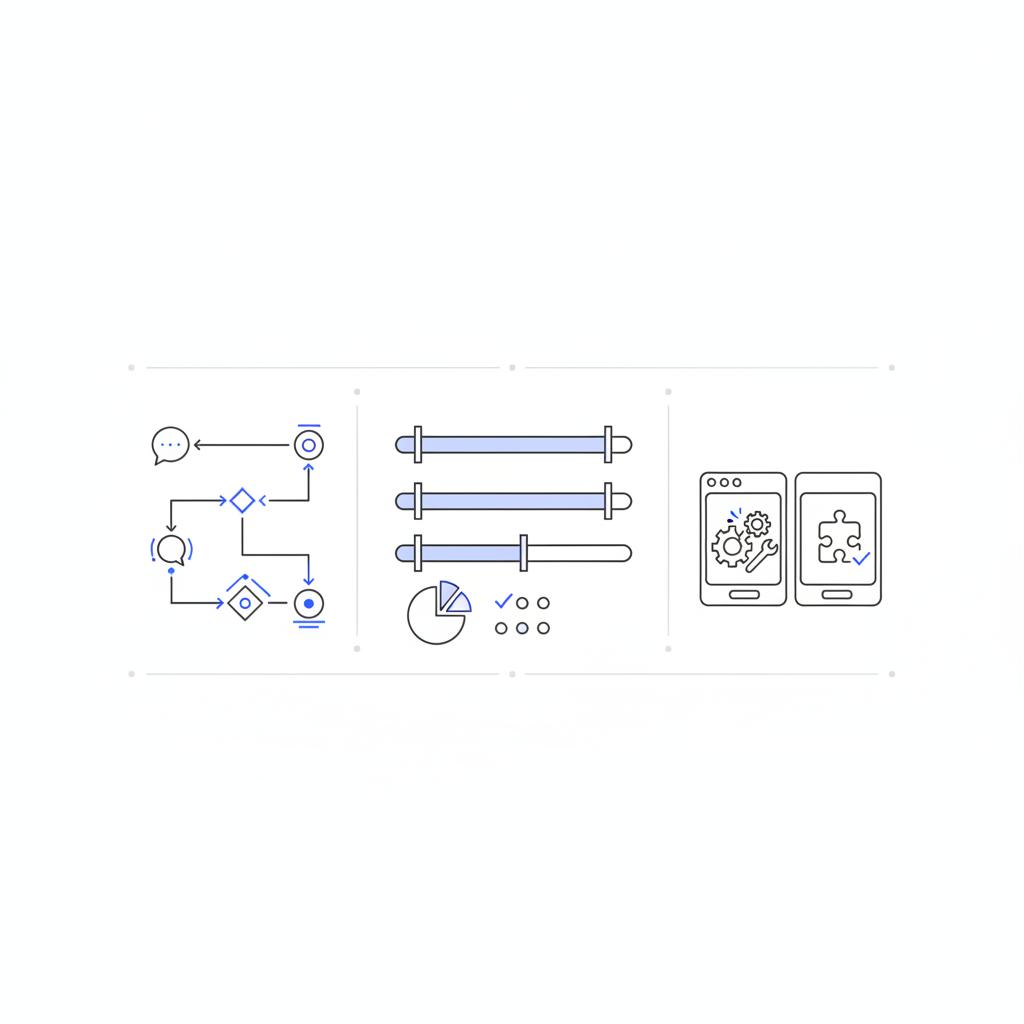 Thumbtack-style vector notepad sketch showing a qualification call flow, estimate range sliders, and before-and-after service thumbnails in Agency Visible colors.