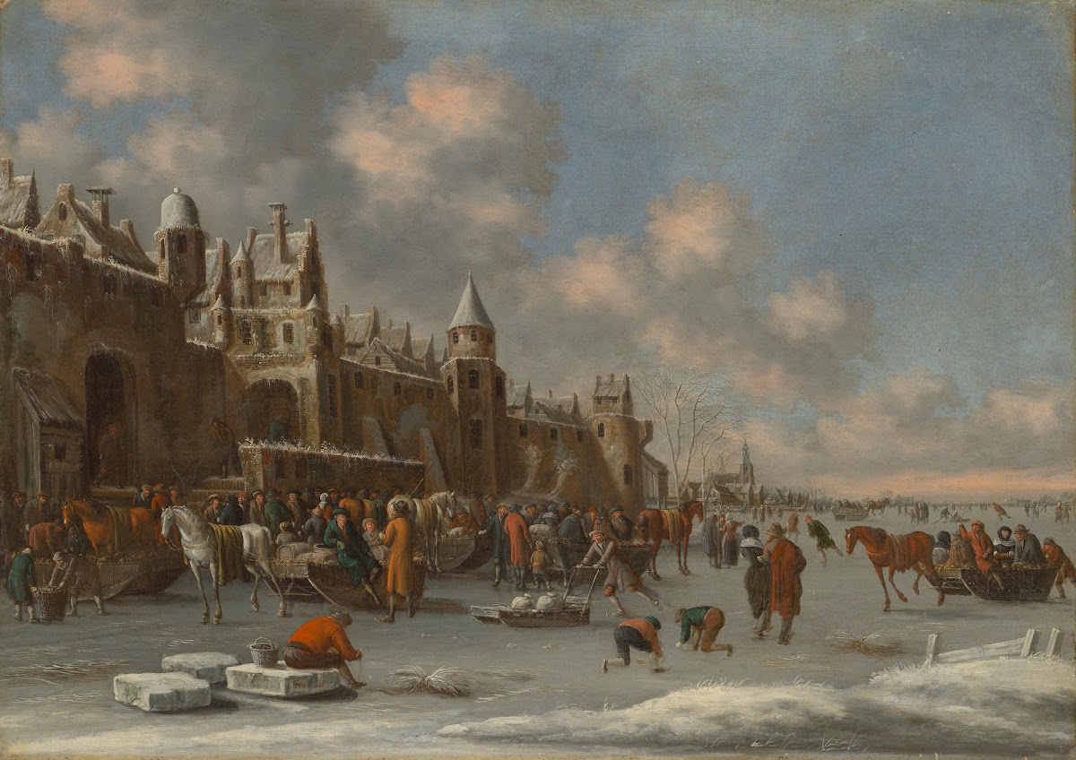 A winter landscape with skaters on a frozen lake near a city wall 1687